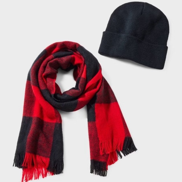 New! Men's Hat and Scarf Set 2pc - Goodfellow & Co. Red/Black - One Size - Picture 1 of 3